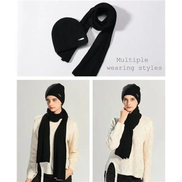 Unisex Cashmere Beanie Hat Scarf Set Winter Knit Long Scarf Neck Warmer